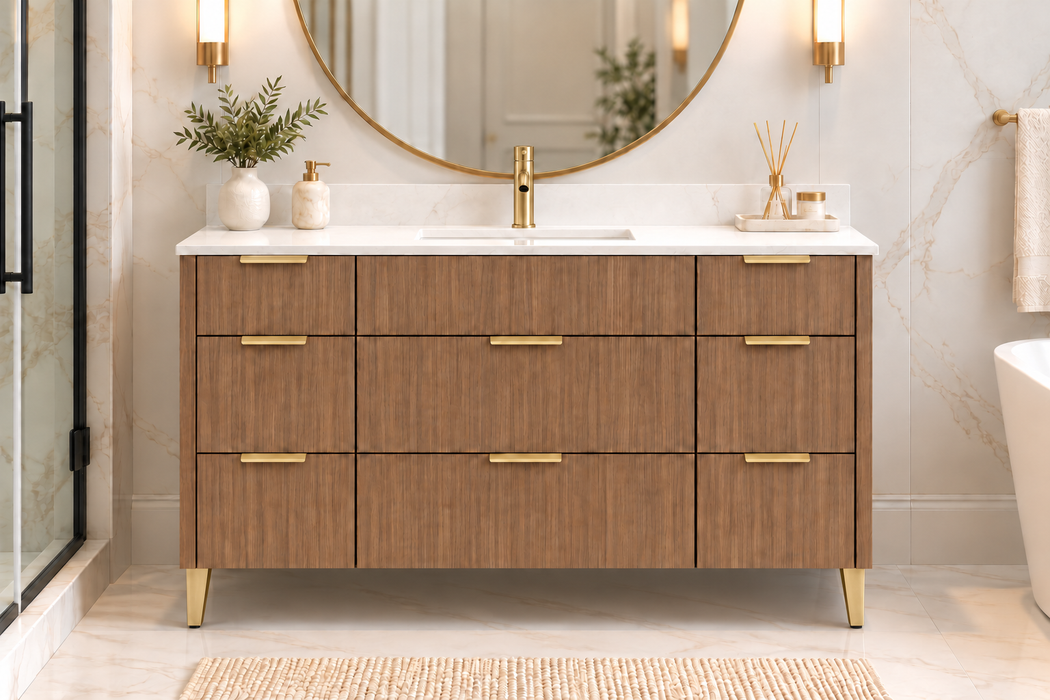Milano 48 Inch Light Walnut Bathroom Vanity with Quartz Countertop, 8 Drawers