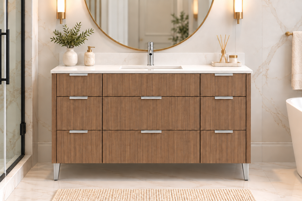 Milano 48 Inch Light Walnut Bathroom Vanity with Quartz Countertop, 8 Drawers