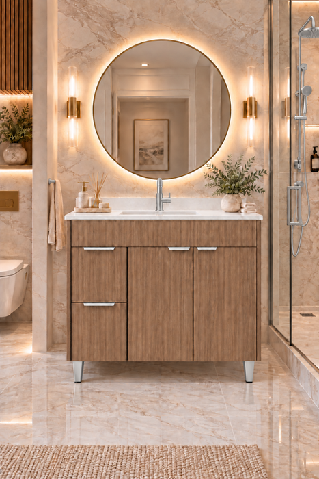 MILANO 36 Inch Light Walnut Bathroom Vanity with Quartz Countertop, Left Side Drawers