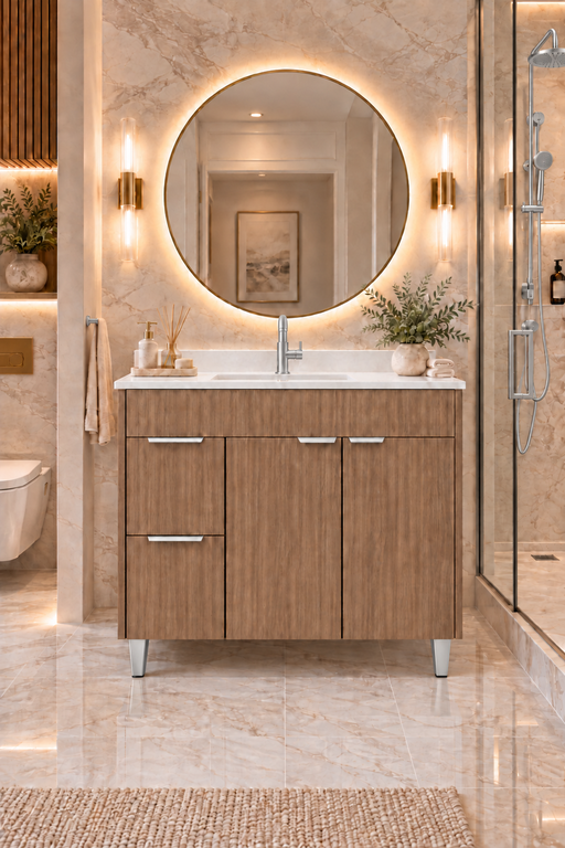 MILANO 42 Inch Light Walnut Bathroom Vanity with Quartz Countertop, Left Side Drawers - Construction Commodities Supply Inc.