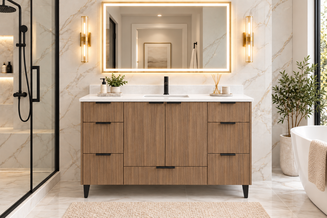 MILANO 54 Inch Light Walnut Bathroom Vanity with Quartz Countertop, 7 Drawers