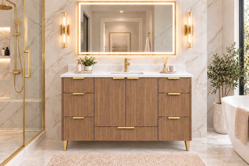 MILANO 54 Inch Light Walnut Bathroom Vanity with Quartz Countertop, 7 Drawers