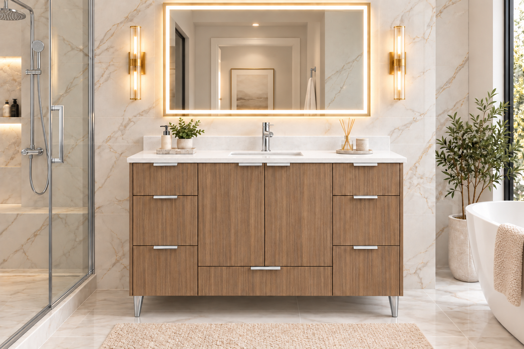 MILANO 54 Inch Light Walnut Bathroom Vanity with Quartz Countertop, 7 Drawers