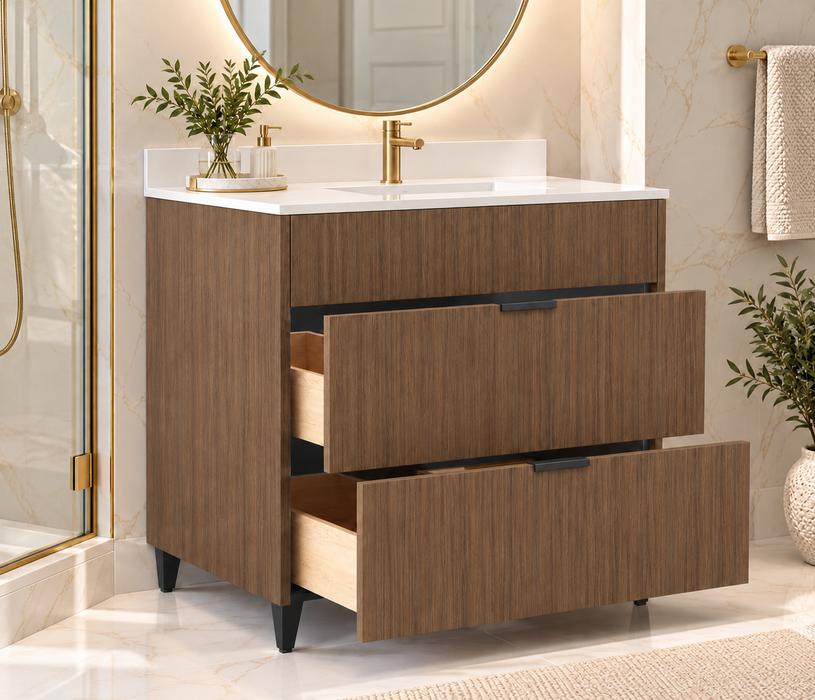 MILANO 36 Inch Dresser Style Light Walnut Bathroom Vanity with Quartz Countertop - Construction Commodities Supply Inc.