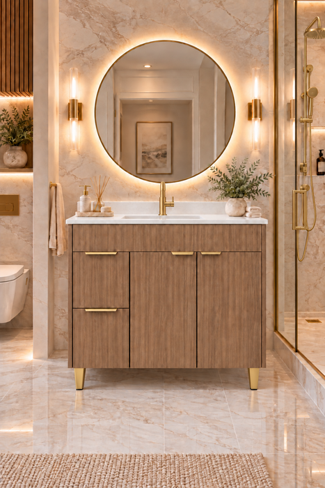MILANO 36 Inch Light Walnut Bathroom Vanity with Quartz Countertop, Left Side Drawers