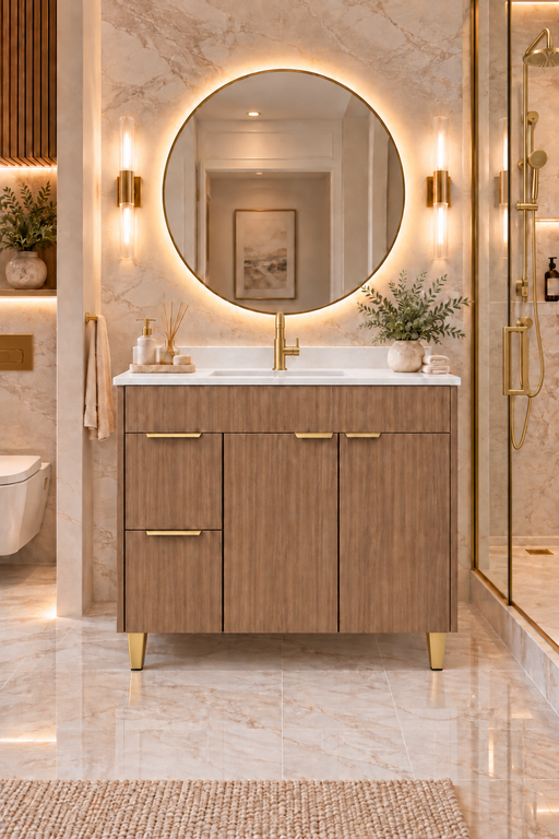 MILANO 42 Inch Light Walnut Bathroom Vanity with Quartz Countertop, Left Side Drawers - Construction Commodities Supply Inc.