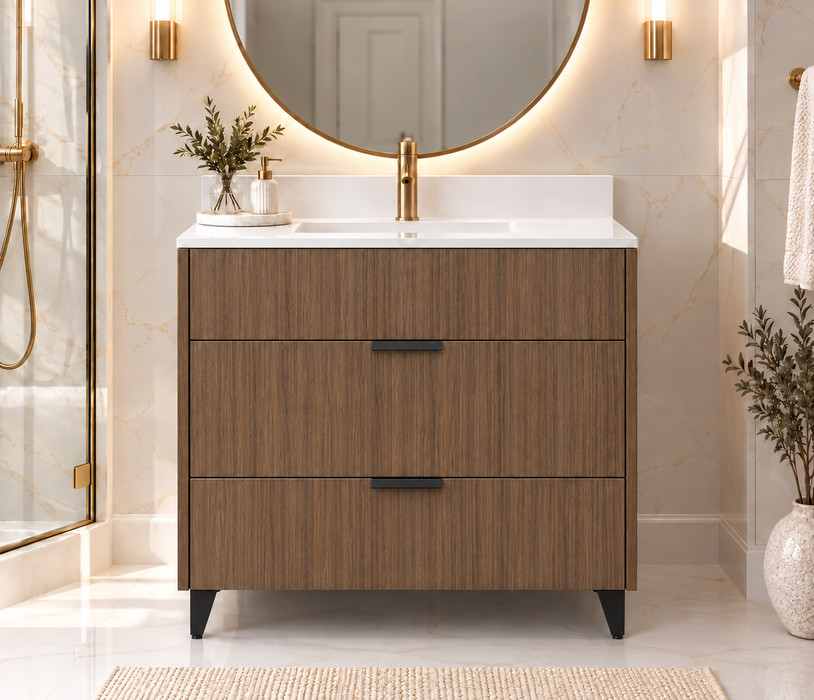 MILANO 36 Inch Dresser Style Light Walnut Bathroom Vanity with Quartz Countertop