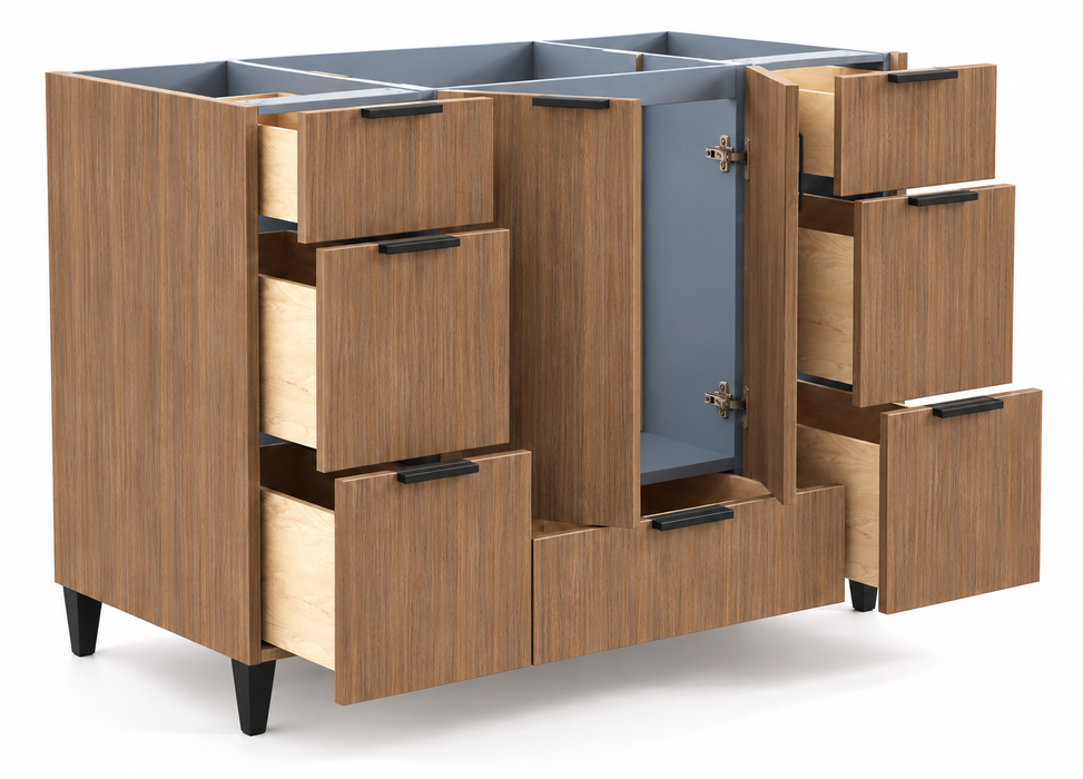 MILANO 48 Inch Light Walnut Bathroom Vanity with Quartz Countertop, 7 Drawers