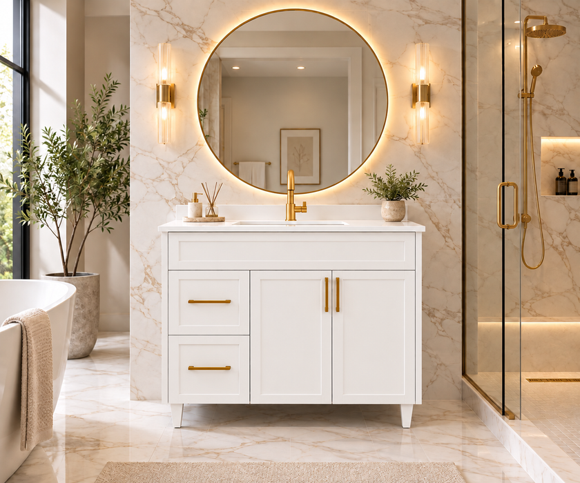 CLASSIC 42 Inch Bathroom Vanity, Canadian Made White Painted with Quartz Countertop, Left Side Drawers