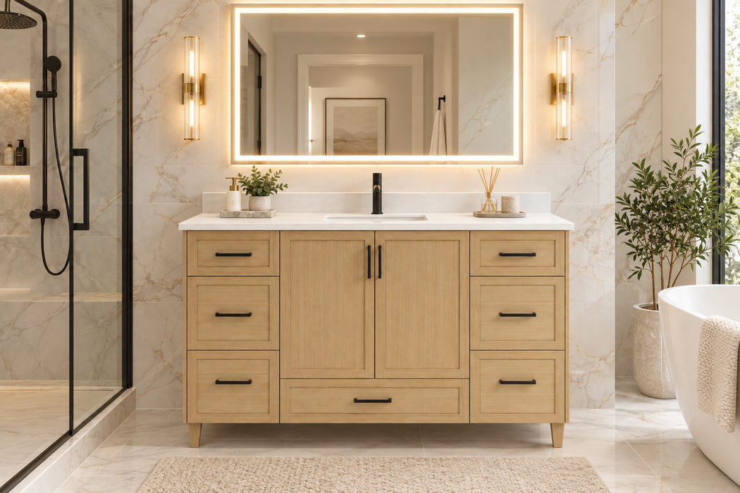 CLASSIC 54 Inch Bathroom Vanity, Canadian Made Natural Oak with Quartz Countertop, 7 Drawers