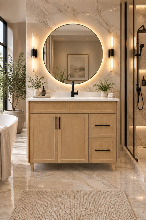 CLASSIC 36 Inch Bathroom Vanity, Canadian Made Natural Oak with Quartz Countertop, Right Side Drawers