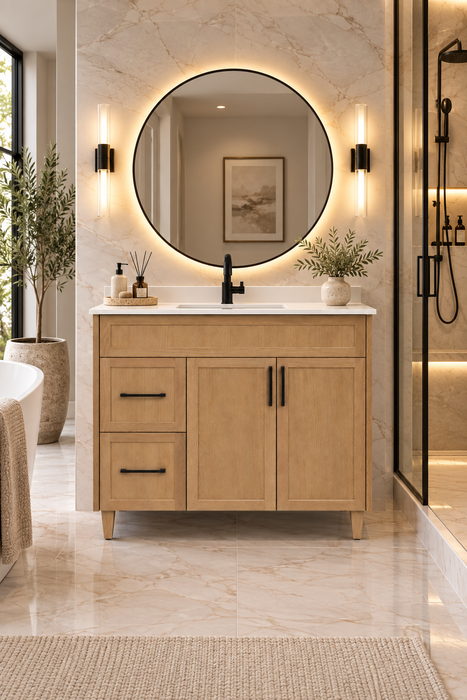 CLASSIC 42 Inch Bathroom Vanity, Canadian Made Natural Oak with Quartz Countertop, Left Side Drawers