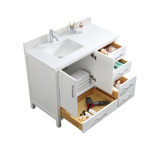 ROSE - 42" White, Left side Sink, Floor Standing Modern Bathroom Vanity , WHITE Quartz Countertop - Construction Commodities Supply Inc.