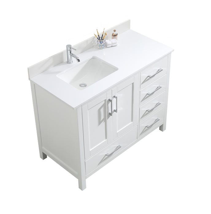 ROSE - 42" White, Left side Sink, Floor Standing Modern Bathroom Vanity , WHITE Quartz Countertop - Construction Commodities Supply Inc.