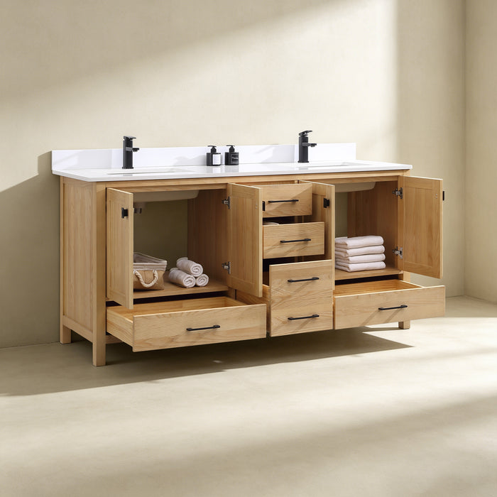 Rose- 72" Antique Oak ,Solid Wood Double Sink Floor Standing Modern Bathroom Vanity, Quartz Countertop  ( PRE-ORDER NOW , ETA: 2026-06-10) - Construction Commodities Supply Inc.