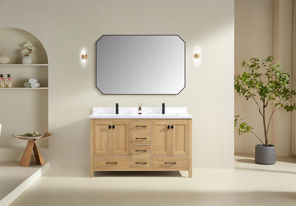 Rose- 60" Antique Oak ,Double Sink, Solid Wood Floor Standing Modern Bathroom Vanity, White Quartz Countertop