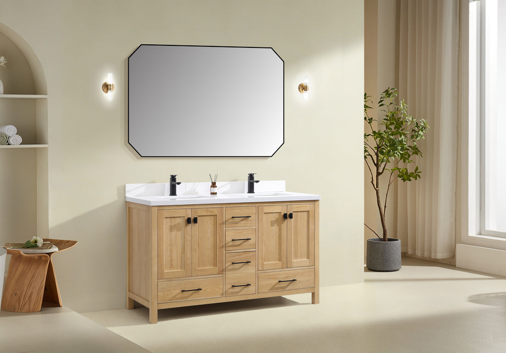 Rose- 60" Antique Oak ,Double Sink, Solid Wood Floor Standing Modern Bathroom Vanity, White Quartz Countertop