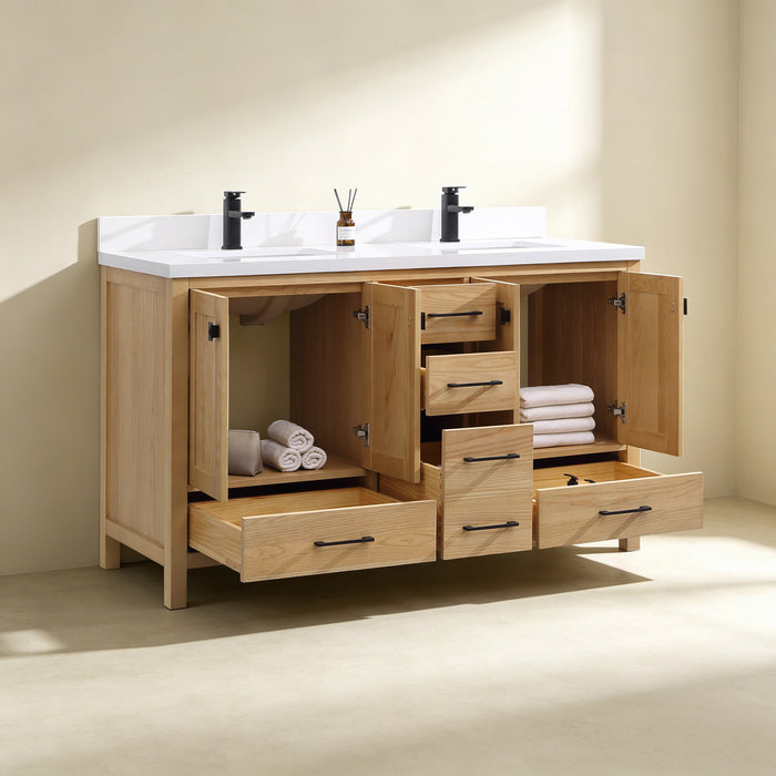 Rose- 60" Antique Oak ,Double Sink, Solid Wood Floor Standing Modern Bathroom Vanity, White Quartz Countertop