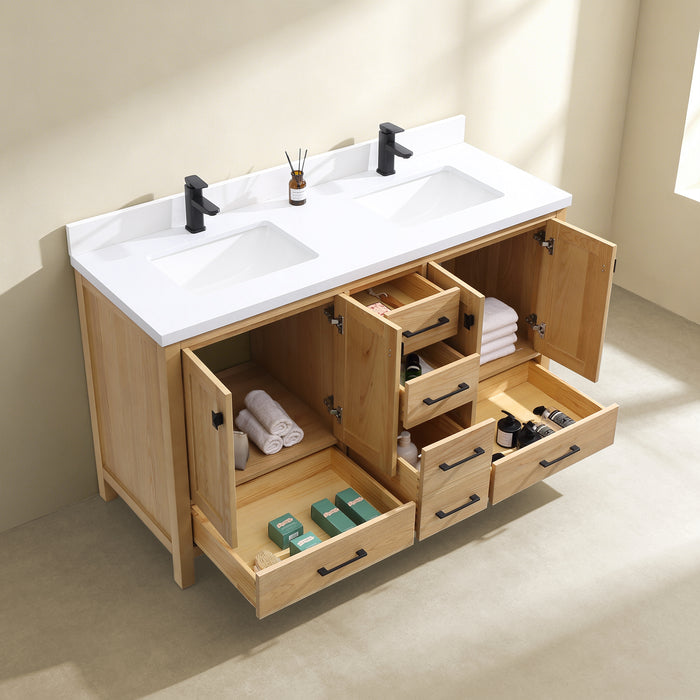 Rose- 60" Antique Oak ,Double Sink, Solid Wood Floor Standing Modern Bathroom Vanity, White Quartz Countertop