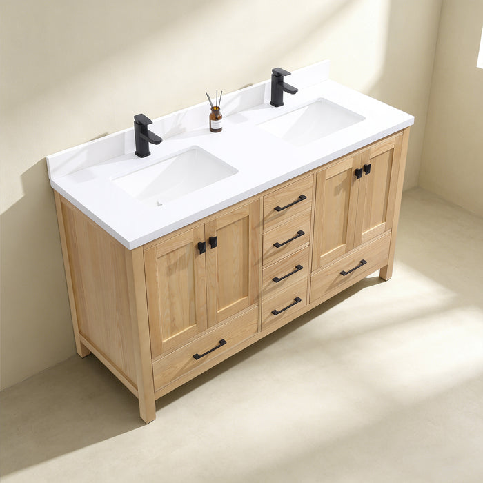 Rose- 60" Antique Oak ,Double Sink, Solid Wood Floor Standing Modern Bathroom Vanity, White Quartz Countertop