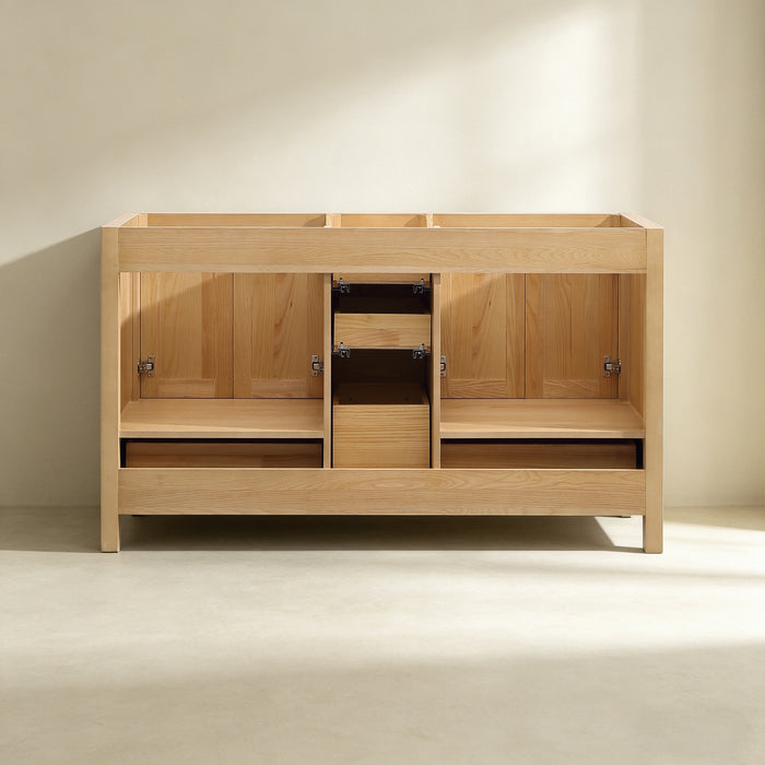 Rose- 60" Antique Oak ,Double Sink, Solid Wood Floor Standing Modern Bathroom Vanity, White Quartz Countertop