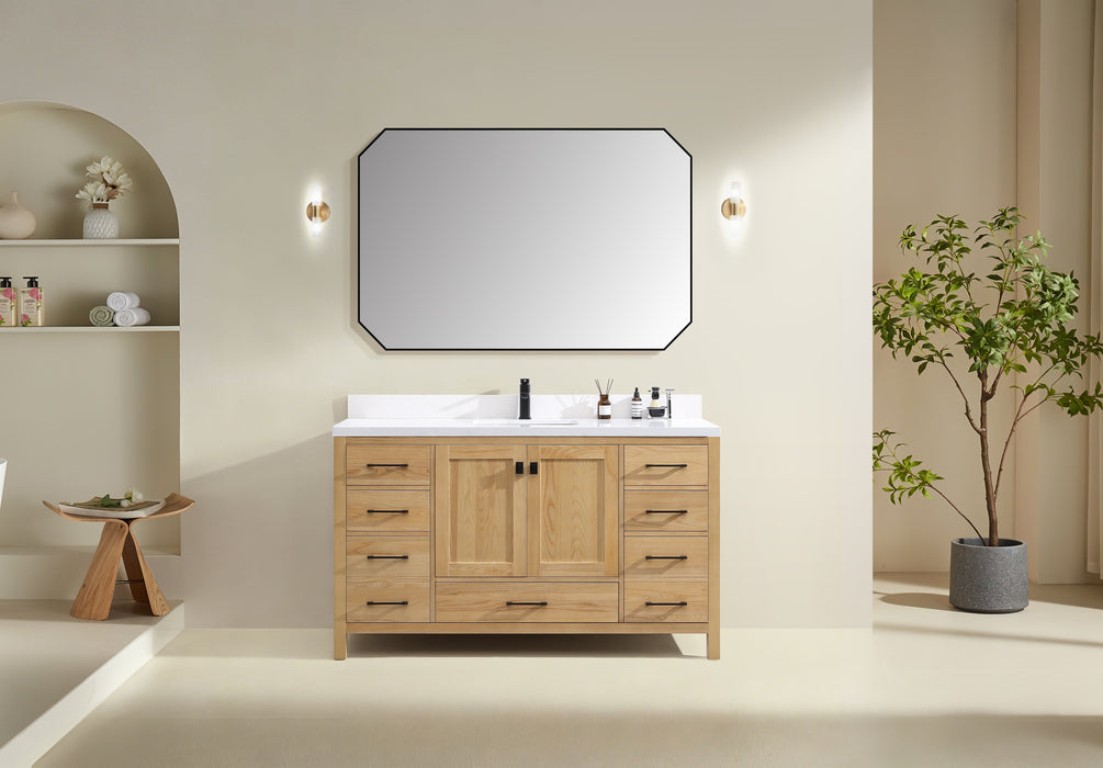 Rose- 60" Natural Oak ,Solid Wood Single Sink Floor Standing Modern Bathroom Vanity, Quartz Countertop