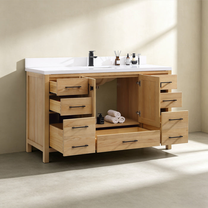 Rose- 60" Natural Oak ,Solid Wood Single Sink Floor Standing Modern Bathroom Vanity, Quartz Countertop