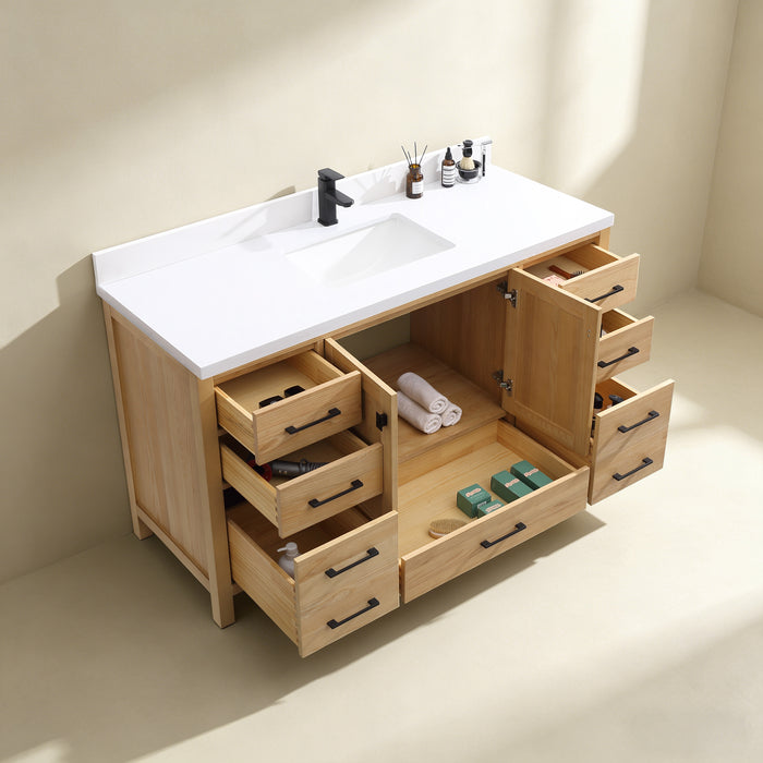 Rose- 60" Natural Oak ,Solid Wood Single Sink Floor Standing Modern Bathroom Vanity, Quartz Countertop