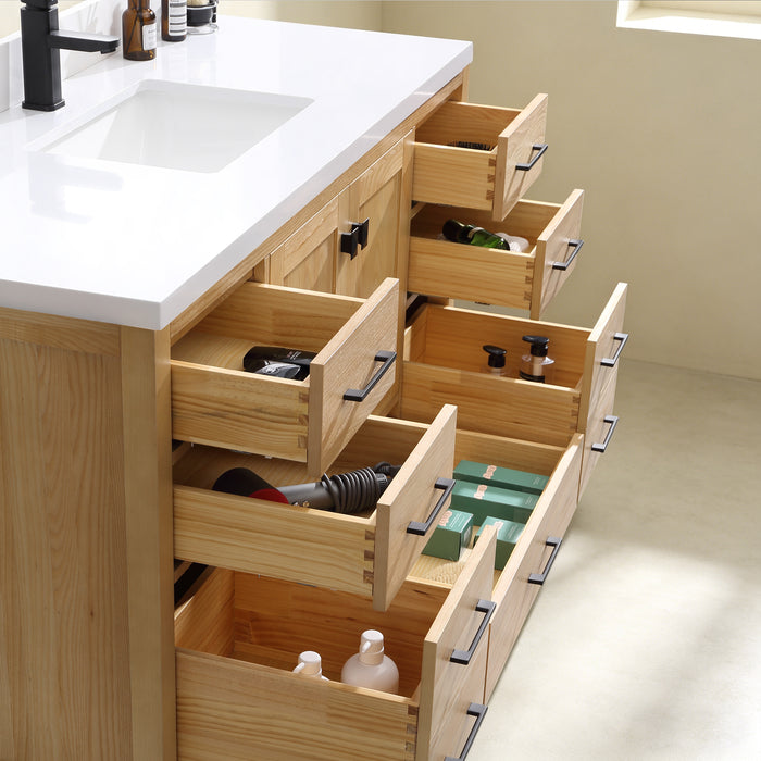 Rose- 60" Natural Oak ,Solid Wood Single Sink Floor Standing Modern Bathroom Vanity, Quartz Countertop