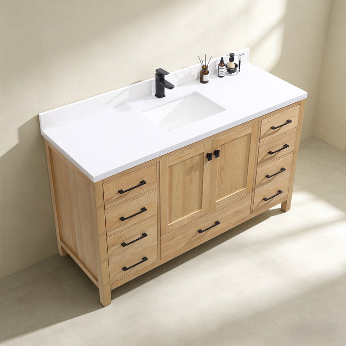 Rose- 60" Natural Oak ,Solid Wood Single Sink Floor Standing Modern Bathroom Vanity, Quartz Countertop
