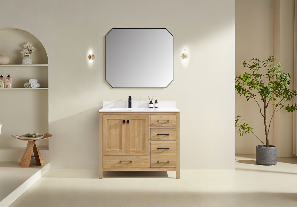 Rose- 42" Antique Oak ,Left Side Sink, Solid Wood Floor Standing Modern Bathroom Vanity, Quartz Countertop. - Construction Commodities Supply Inc.
