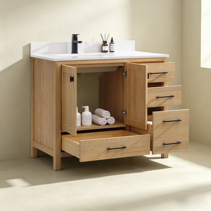 Rose- 42" Antique Oak ,Left Side Sink, Solid Wood Floor Standing Modern Bathroom Vanity, Quartz Countertop. - Construction Commodities Supply Inc.