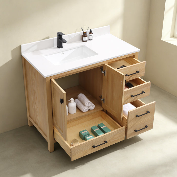 Rose- 42" Antique Oak ,Left Side Sink, Solid Wood Floor Standing Modern Bathroom Vanity, Quartz Countertop. - Construction Commodities Supply Inc.