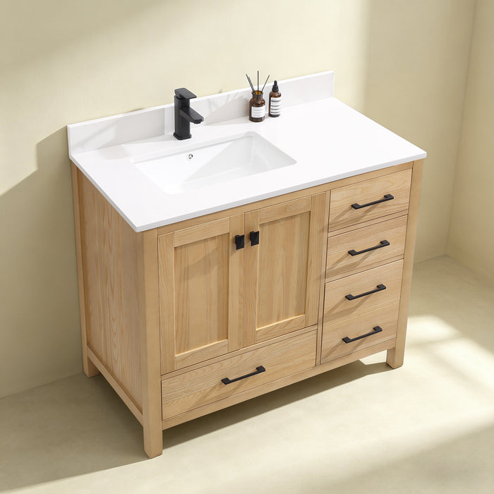 Rose- 42" Antique Oak ,Left Side Sink, Solid Wood Floor Standing Modern Bathroom Vanity, Quartz Countertop. - Construction Commodities Supply Inc.