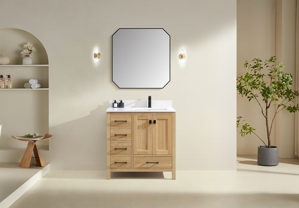 Rose- 36" Antique Oak ,Right Side Sink, Solid Wood Floor Standing Modern Bathroom Vanity, Quartz Countertop ( PRE-ORDER NOW , ETA: 2026-06-10) - Construction Commodities Supply Inc.