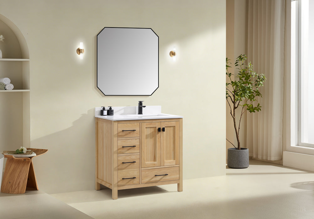 Rose- 36" Antique Oak ,Right Side Sink, Solid Wood Floor Standing Modern Bathroom Vanity, Quartz Countertop ( PRE-ORDER NOW , ETA: 2026-06-10) - Construction Commodities Supply Inc.