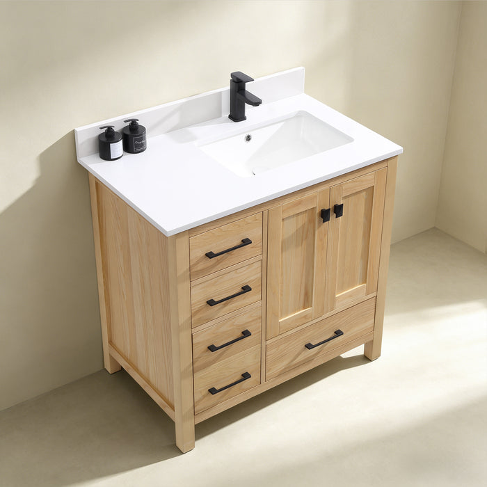 Rose- 36" Antique Oak ,Right Side Sink, Solid Wood Floor Standing Modern Bathroom Vanity, Quartz Countertop ( PRE-ORDER NOW , ETA: 2026-06-10) - Construction Commodities Supply Inc.