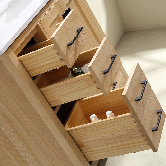Rose- 36" Antique Oak ,Right Side Sink, Solid Wood Floor Standing Modern Bathroom Vanity, Quartz Countertop ( PRE-ORDER NOW , ETA: 2026-06-10) - Construction Commodities Supply Inc.
