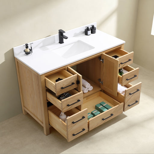 Rose- 54"  Antique Oak , Solid Wood Floor Standing Modern Bathroom Vanity, Quartz Countertop ( PRE-ORDER NOW , ETA: 2026-06-10) - Construction Commodities Supply Inc.