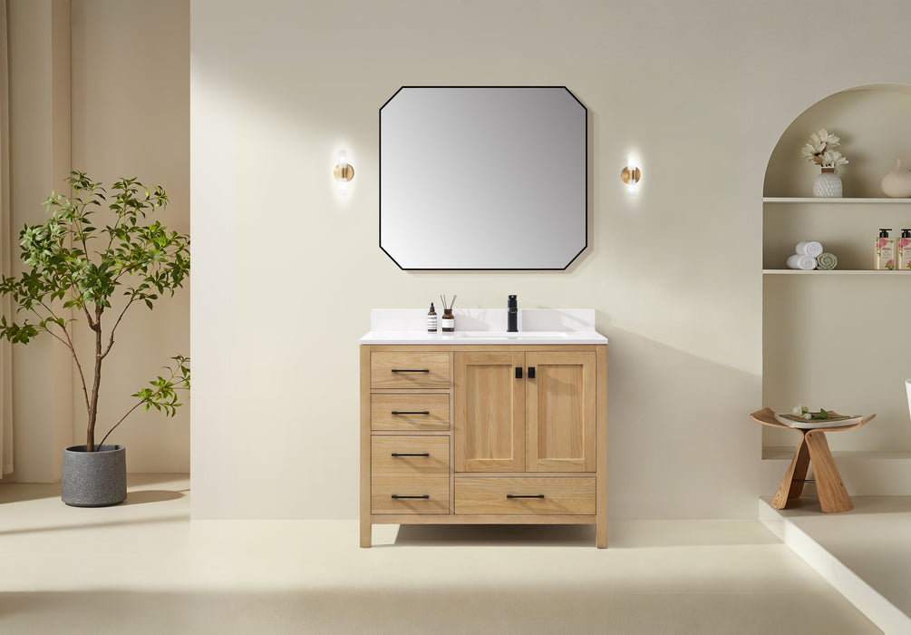 Rose- 42" Antique Oak ,Right Side Sink, Solid Wood Floor Standing Modern Bathroom Vanity, Quartz Countertop - Construction Commodities Supply Inc.