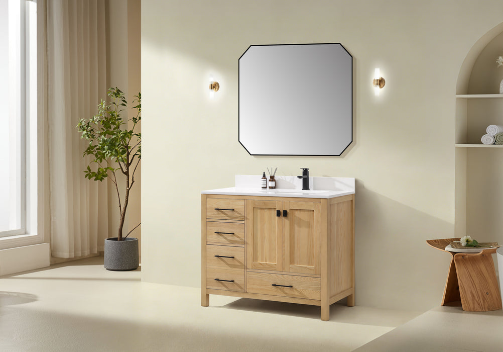 Rose- 42" Antique Oak ,Right Side Sink, Solid Wood Floor Standing Modern Bathroom Vanity, Quartz Countertop - Construction Commodities Supply Inc.