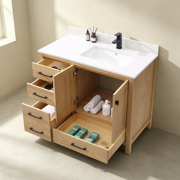 Rose- 42" Antique Oak ,Right Side Sink, Solid Wood Floor Standing Modern Bathroom Vanity, Quartz Countertop - Construction Commodities Supply Inc.