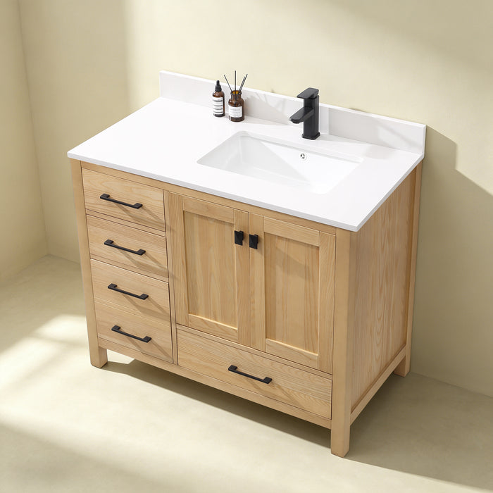 Rose- 42" Antique Oak ,Right Side Sink, Solid Wood Floor Standing Modern Bathroom Vanity, Quartz Countertop - Construction Commodities Supply Inc.