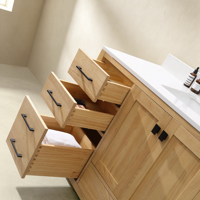 Rose- 42" Antique Oak ,Right Side Sink, Solid Wood Floor Standing Modern Bathroom Vanity, Quartz Countertop - Construction Commodities Supply Inc.
