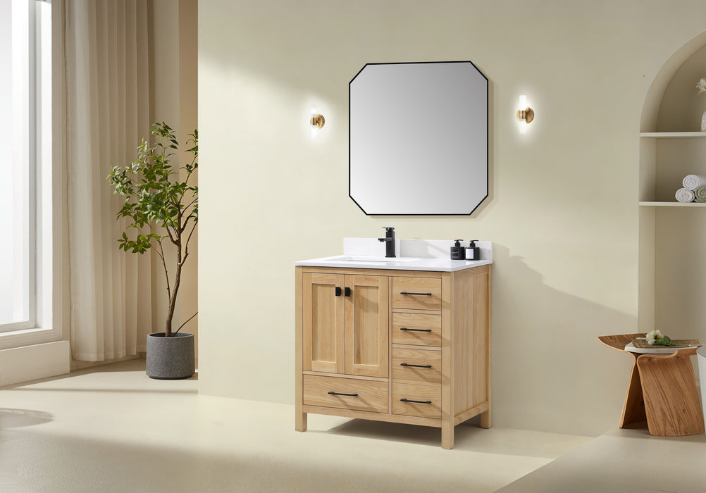 Rose- 36" Natural Oak ,Left Side Sink, Solid Wood Floor Standing Modern Bathroom Vanity, White Quartz Countertop