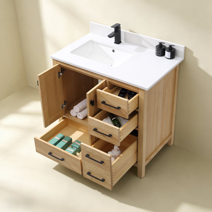 Rose- 36" Natural Oak ,Left Side Sink, Solid Wood Floor Standing Modern Bathroom Vanity, White Quartz Countertop