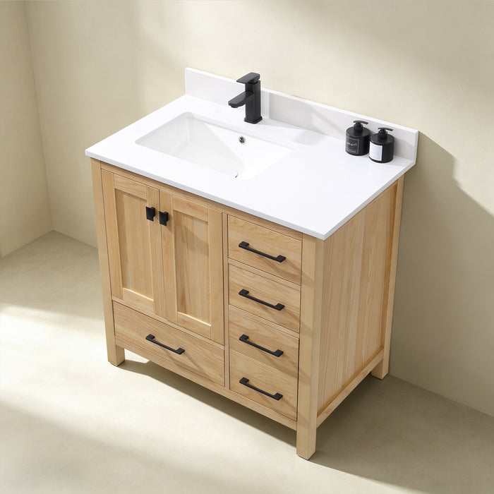 Rose- 36" Natural Oak ,Left Side Sink, Solid Wood Floor Standing Modern Bathroom Vanity, White Quartz Countertop