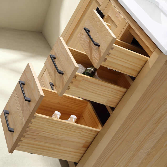 Rose- 36" Natural Oak ,Left Side Sink, Solid Wood Floor Standing Modern Bathroom Vanity, White Quartz Countertop