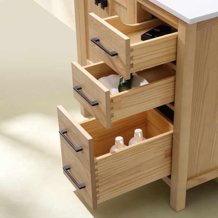 Rose- 36" Natural Oak ,Left Side Sink, Solid Wood Floor Standing Modern Bathroom Vanity, White Quartz Countertop