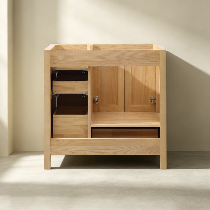 Rose- 36" Natural Oak ,Left Side Sink, Solid Wood Floor Standing Modern Bathroom Vanity, White Quartz Countertop